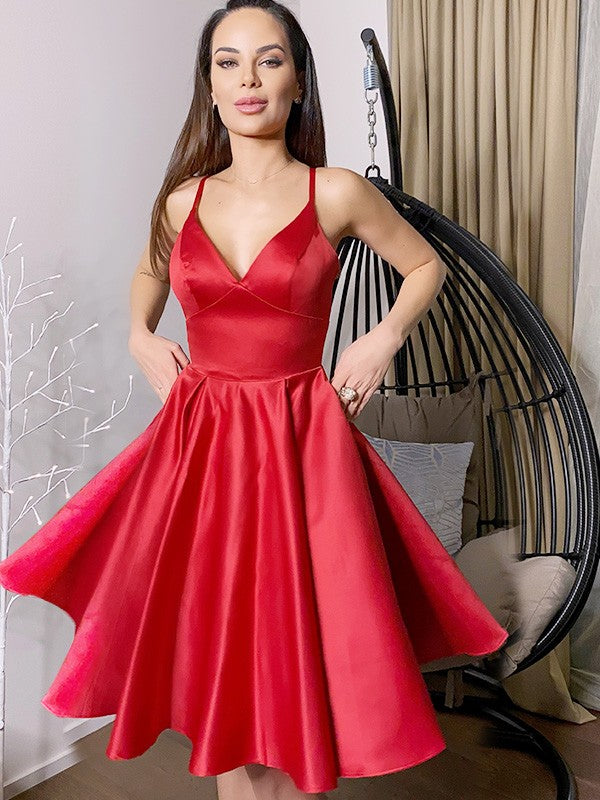 Red Satin A-Line Short Dress with V-Neck