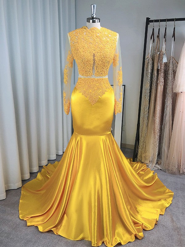 Yellow Satin Sheath/column Floor-Length Evening Dress with High Neck and Lace Illusion Sleeves