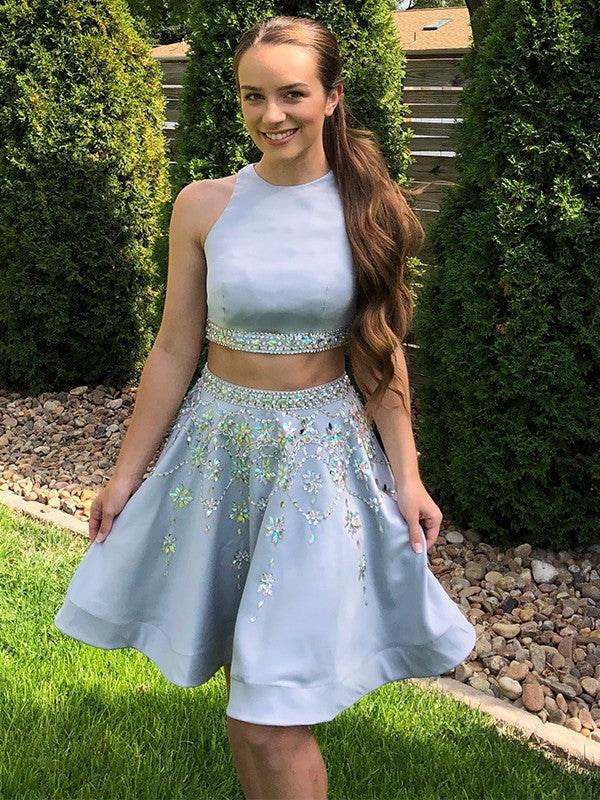Dusty Blue Satin A-Line Short Dress - Halter Neck Two-Piece Embellished Prom & Homecoming