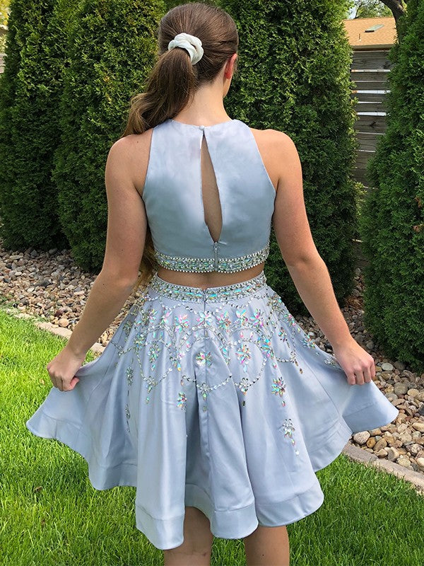 Dusty Blue Satin A-Line Short Dress - Halter Neck Two-Piece Embellished Prom & Homecoming