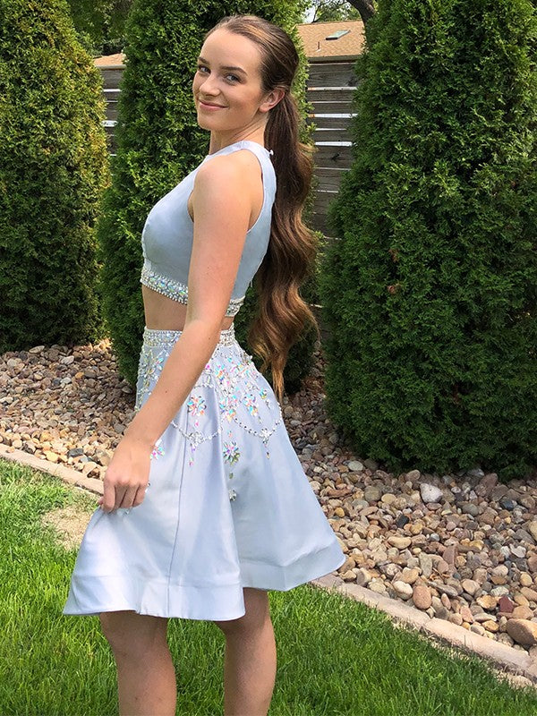 Dusty Blue Satin A-Line Short Dress - Halter Neck Two-Piece Embellished Prom & Homecoming