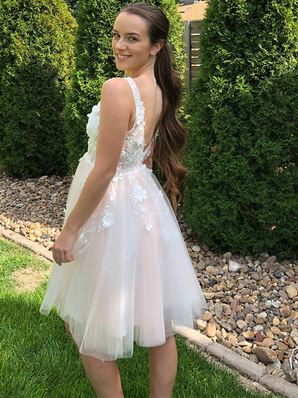 Vestidos de fiesta cortos/mini de tul con escote en V, corte A/princesa, apliques y sin mangas
