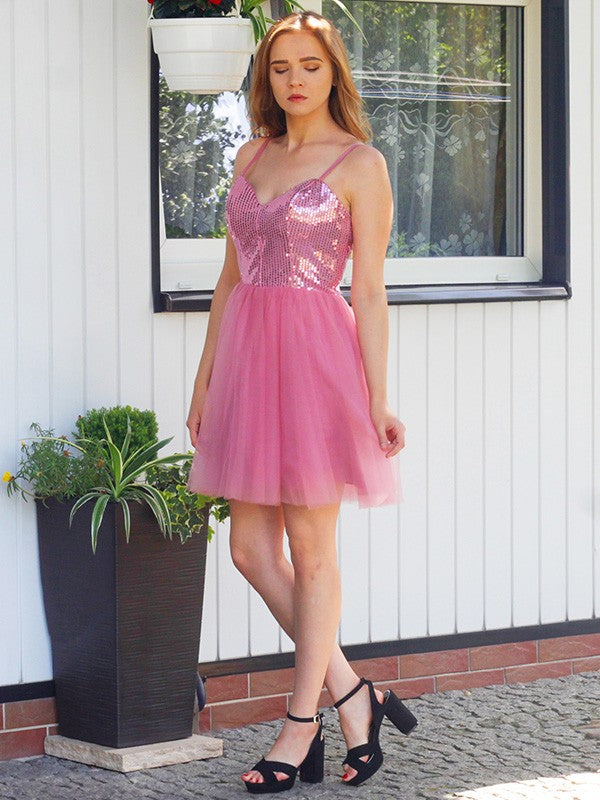 Pink Sequin Sweetheart A-Line Short Dress with Tulle Skirt