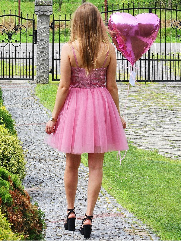 Pink Sequin Sweetheart A-Line Short Dress with Tulle Skirt