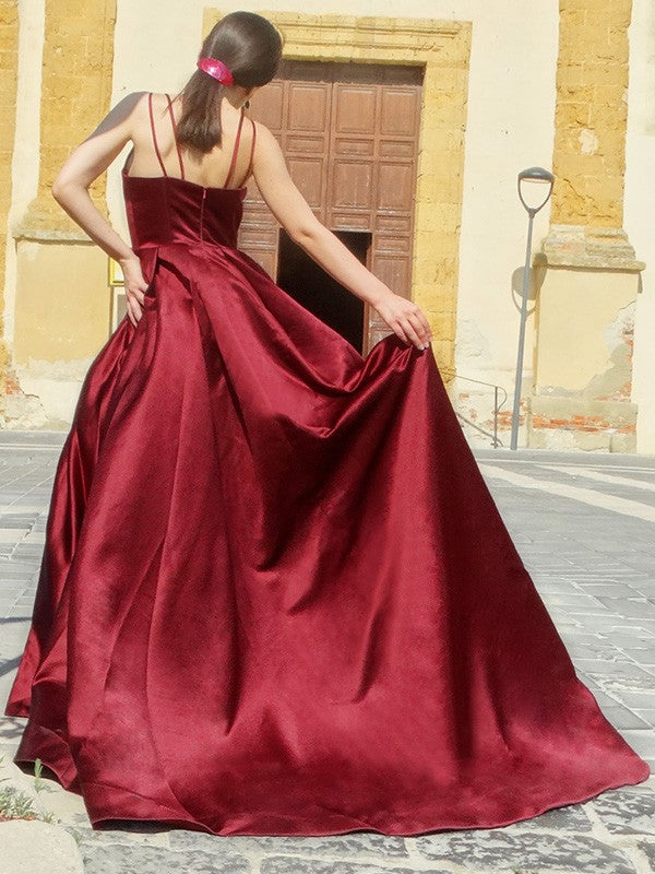 Burgundy Satin A-Line Floor-Length Dress with Criss-Cross Straps and High Slit