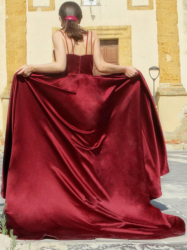 Burgundy Satin A-Line Floor-Length Dress with Criss-Cross Straps and High Slit
