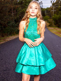 Green Satin A-Line Scoop Neck Back Zip Short Dress