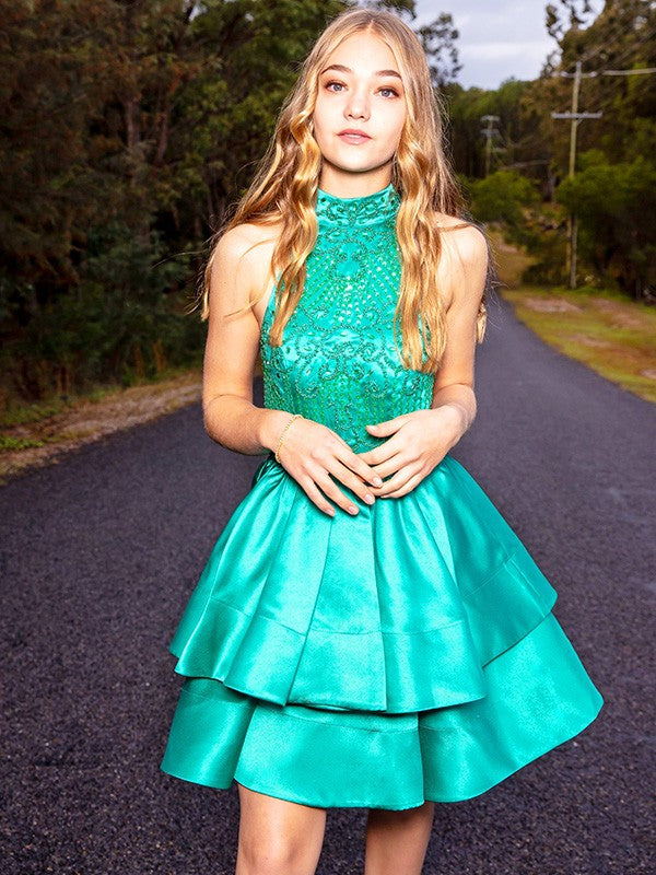 Green Satin A-Line Scoop Neck Back Zip Short Dress