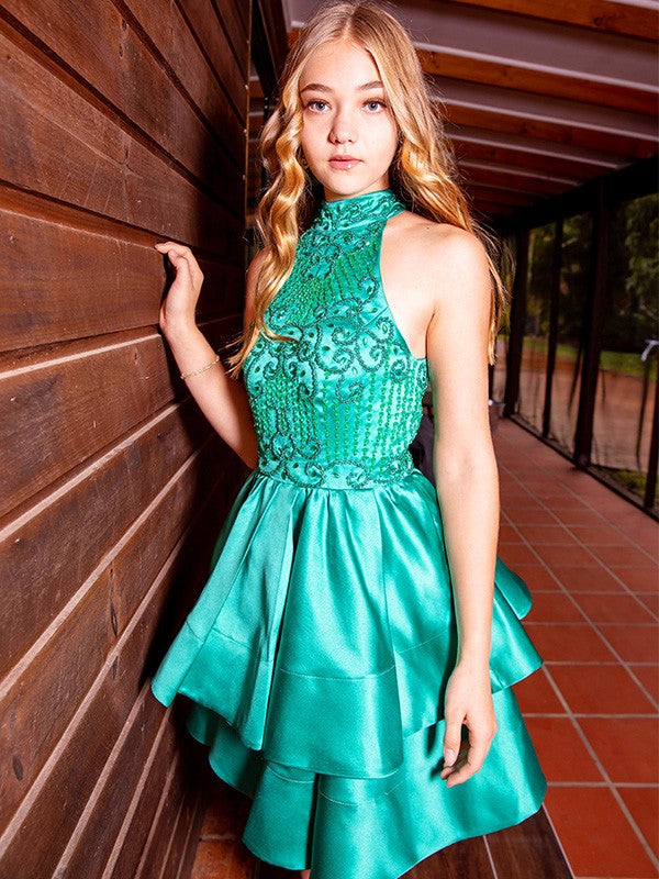 Green Satin A-Line Scoop Neck Back Zip Short Dress