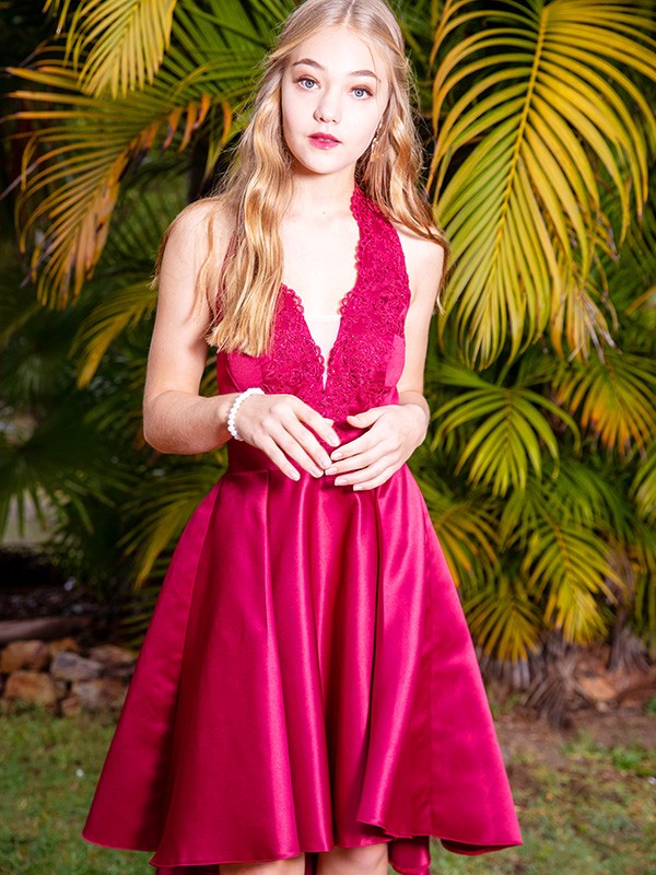 Vestidos de fiesta cortos/mini de satén con encaje, sin mangas, escote en V y corte A/princesa