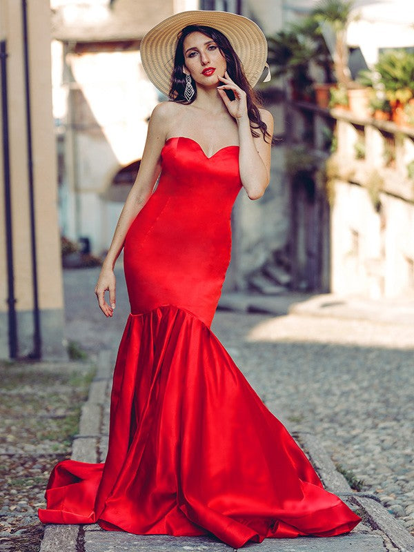 Trumpet/Mermaid Satin Sweetheart Sleeveless Ruffles Sweep/Brush Train Dresses
