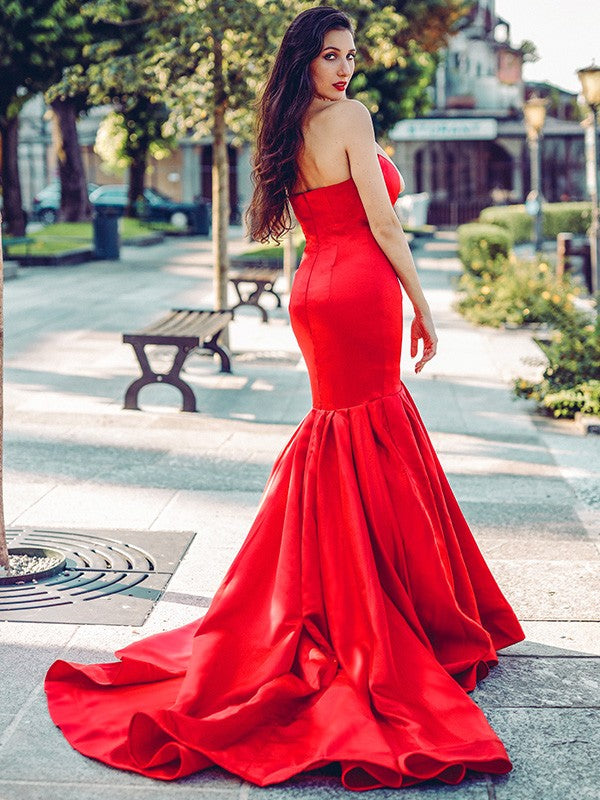 Trumpet/Mermaid Satin Sweetheart Sleeveless Ruffles Sweep/Brush Train Dresses
