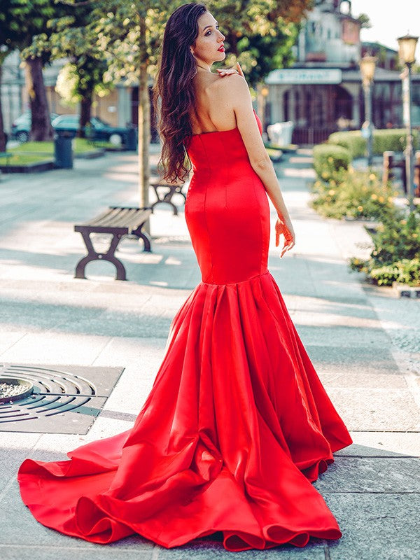 Trumpet/Mermaid Satin Sweetheart Sleeveless Ruffles Sweep/Brush Train Dresses