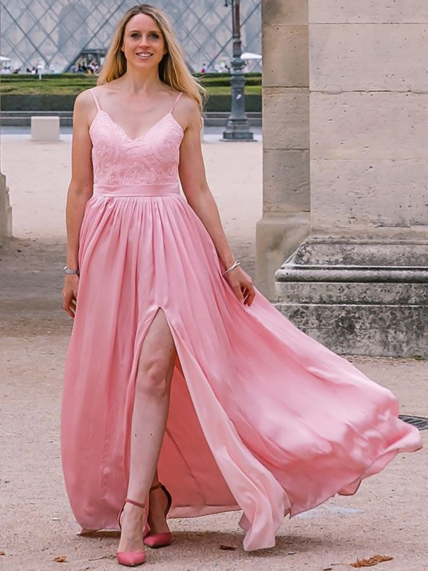 Pink Chiffon A-Line Floor-Length Bridesmaid Dress with V-Neck