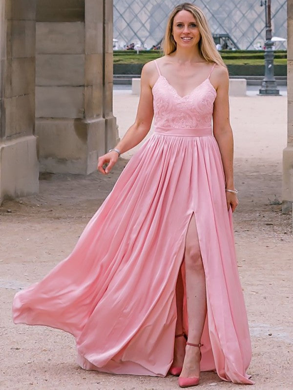 Pink Chiffon A-Line Floor-Length Bridesmaid Dress with V-Neck