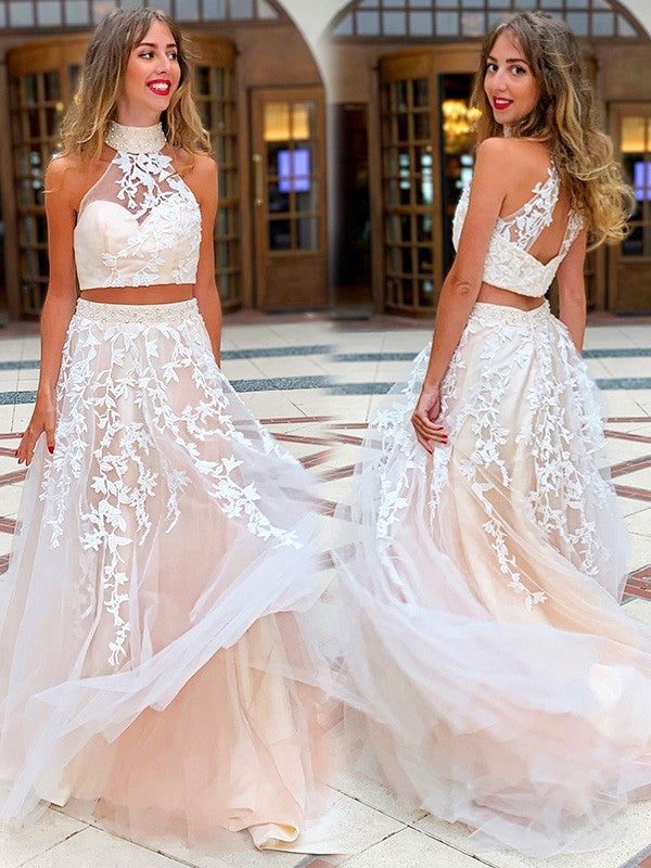 Vestido de dos piezas de corte A/princesa, sin mangas, cuello alto, apliques de tul y cola larga