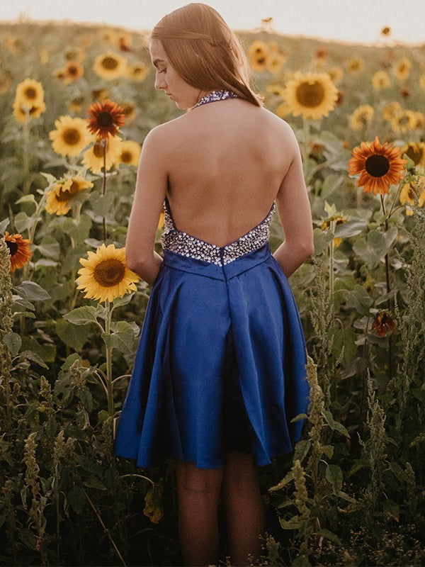 Vestidos de fiesta cortos/mini de satén con escote halter, sin mangas y corte princesa