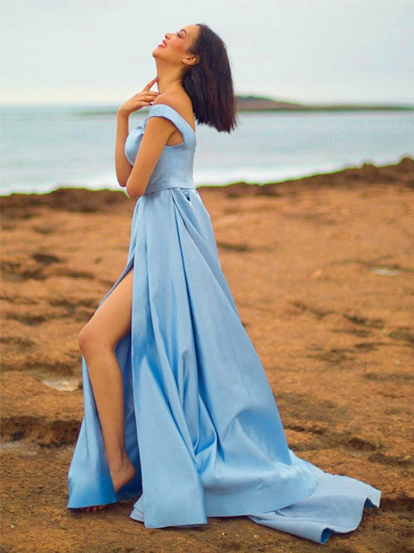 Vestidos sin mangas de satén con hombros descubiertos, volantes y cola larga, corte princesa/A