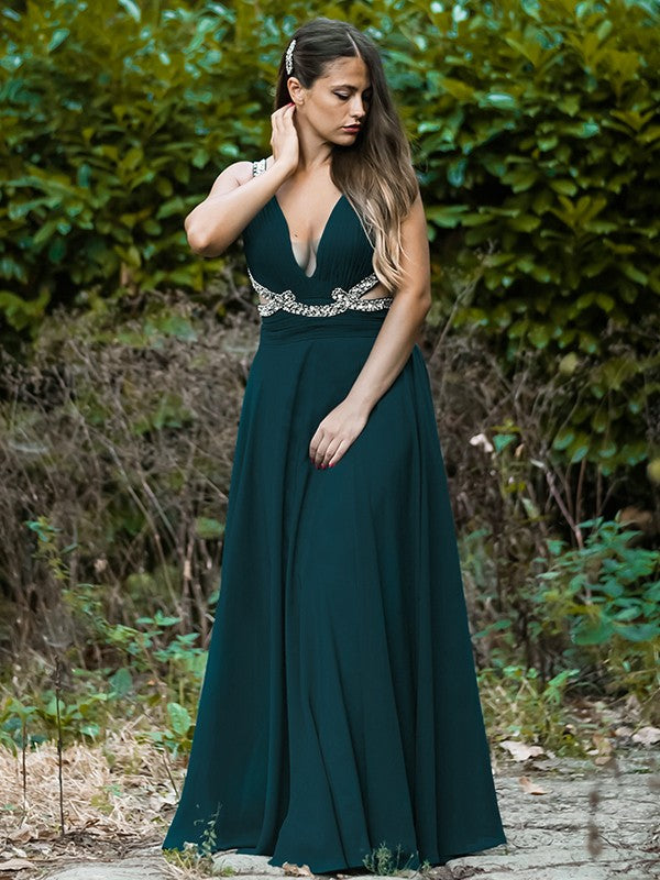 Emerald Chiffon A-Line V-Neck Floor-Length Evening Dress with Pleated Bodice & Beaded Cut-Outs