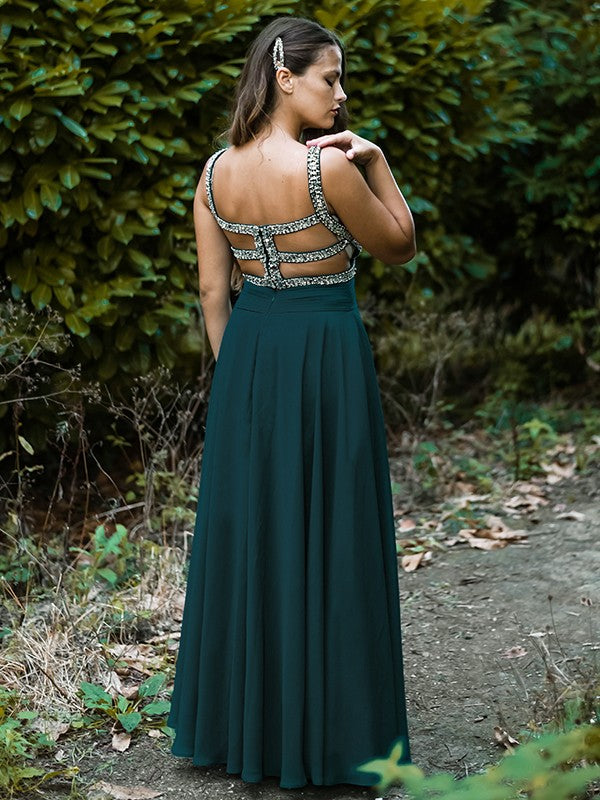 Emerald Chiffon A-Line V-Neck Floor-Length Evening Dress with Pleated Bodice & Beaded Cut-Outs