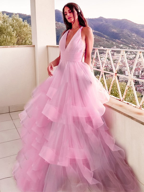 Vestidos de corte A/princesa, escote en V, volantes, organza, sin mangas, hasta el suelo