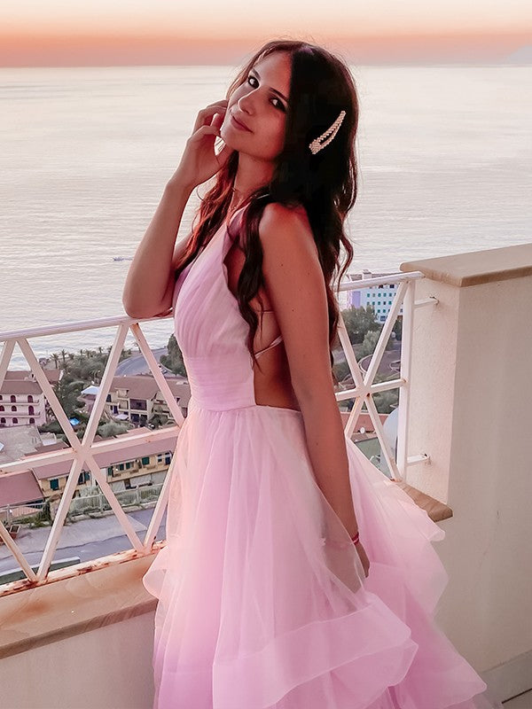 Pink Tulle Ball Gown Floor-Length V-Neck Evening Dress with Tiered Ruffled Skirt