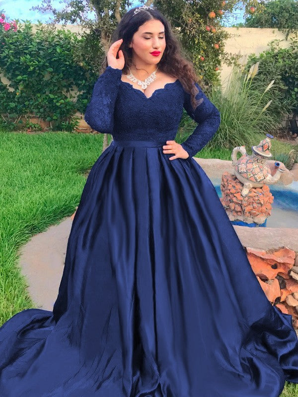 Dark Navy Satin Off-the-Shoulder A-Line Floor-Length Dress