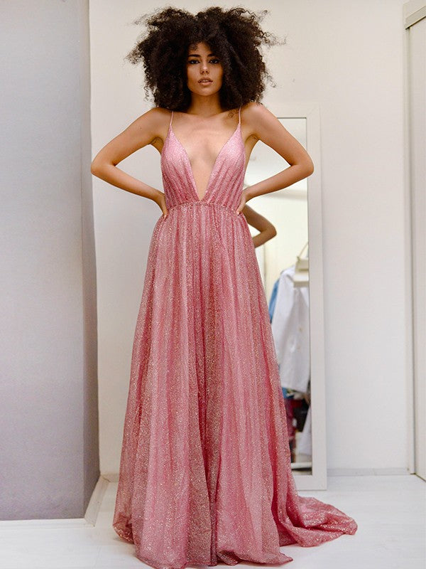 A-Line/Princess V-neck Sequins Ruffles Sleeveless Sweep/Brush Train Dresses