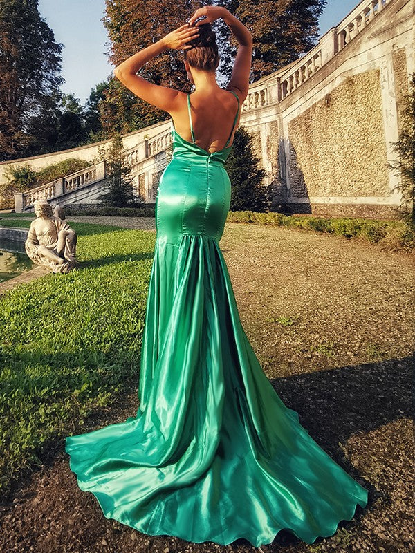 Trumpet/Mermaid Satin Ruffles Spaghetti Straps Sleeveless Sweep/Brush Train Dresses