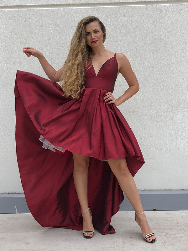 Burgundy Satin A-Line Asymmetrical Evening Dress with Pleated V-Neck and High-Low Hem