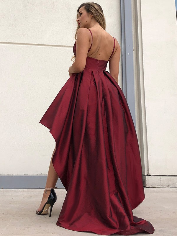 Burgundy Satin A-Line Asymmetrical Evening Dress with Pleated V-Neck and High-Low Hem