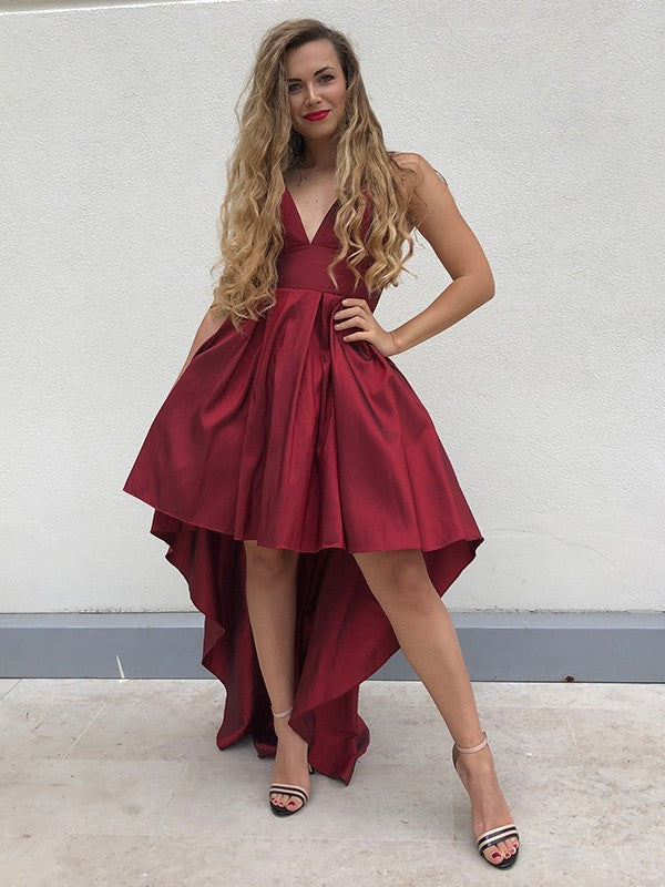 Burgundy Satin A-Line Asymmetrical Evening Dress with Pleated V-Neck and High-Low Hem