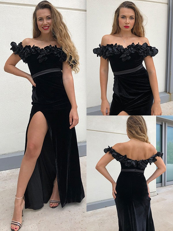 A-Line/Princess Off-the-Shoulder Velvet Hand-Made Flower Sleeveless Floor-Length Dresses