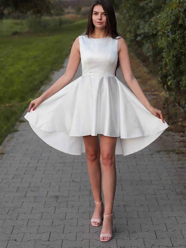 White Satin Boat Neck A-Line Short Dress with High-Low Hem