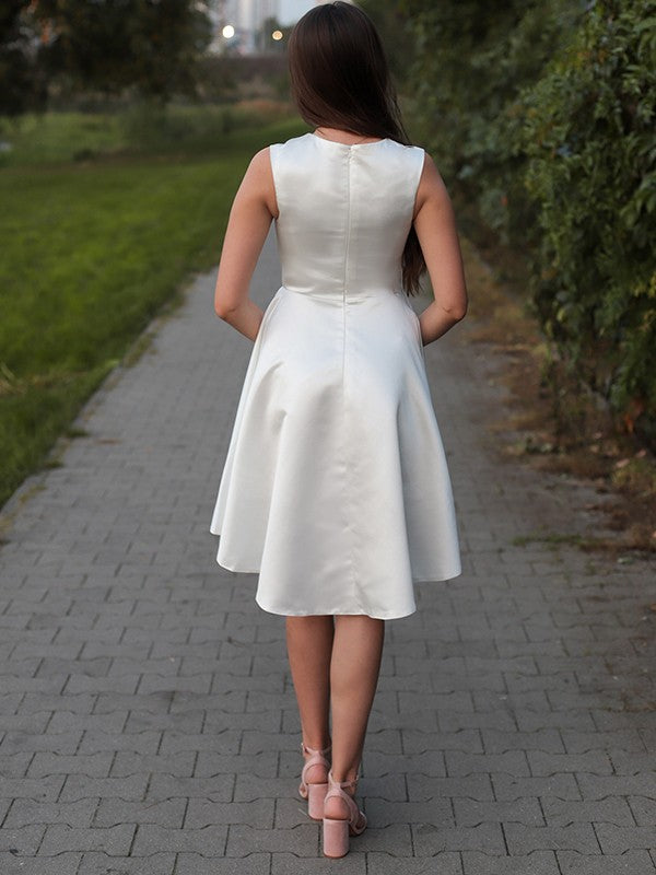 White Satin Boat Neck A-Line Short Dress with High-Low Hem