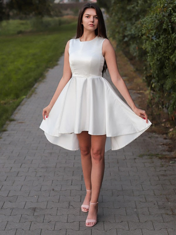 White Satin Boat Neck A-Line Short Dress with High-Low Hem