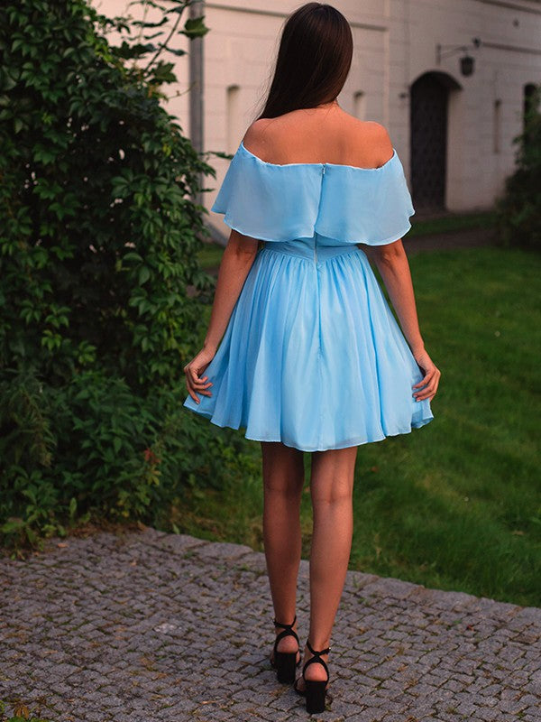 Sky Blue Chiffon Off-the-Shoulder Short A-Line Dress for Bridesmaid & Cocktail Party