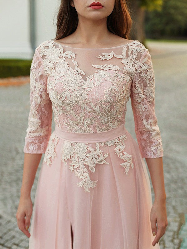 Corte en A/Princesa Tul Apliques Bateau Manga 3/4 Cola de Barrido Vestidos