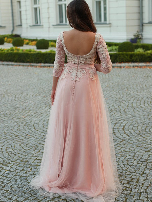 Corte en A/Princesa Tul Apliques Bateau Manga 3/4 Cola de Barrido Vestidos
