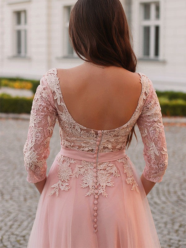 Corte en A/Princesa Tul Apliques Bateau Manga 3/4 Cola de Barrido Vestidos