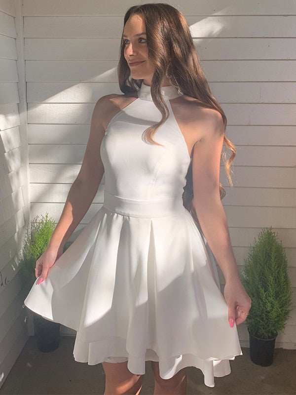 White Chiffon A-Line Halter neckline Short Dress with Pleated and layered skirt for Cocktail Party & Homecoming