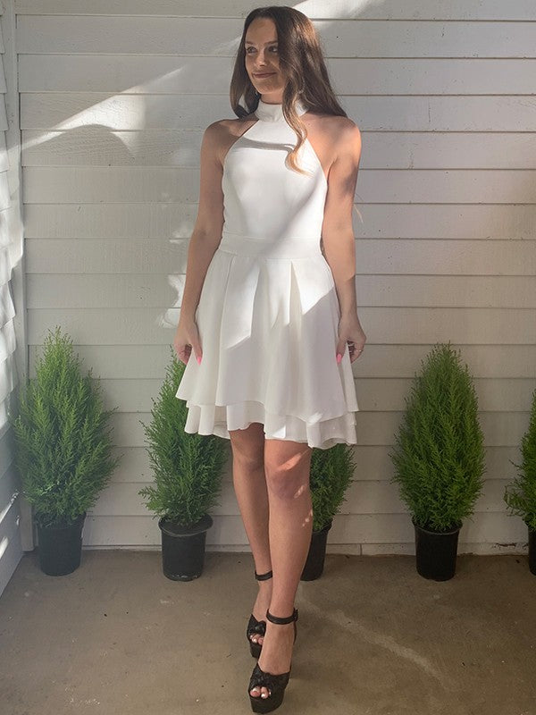 White Chiffon A-Line Halter neckline Short Dress with Pleated and layered skirt for Cocktail Party & Homecoming