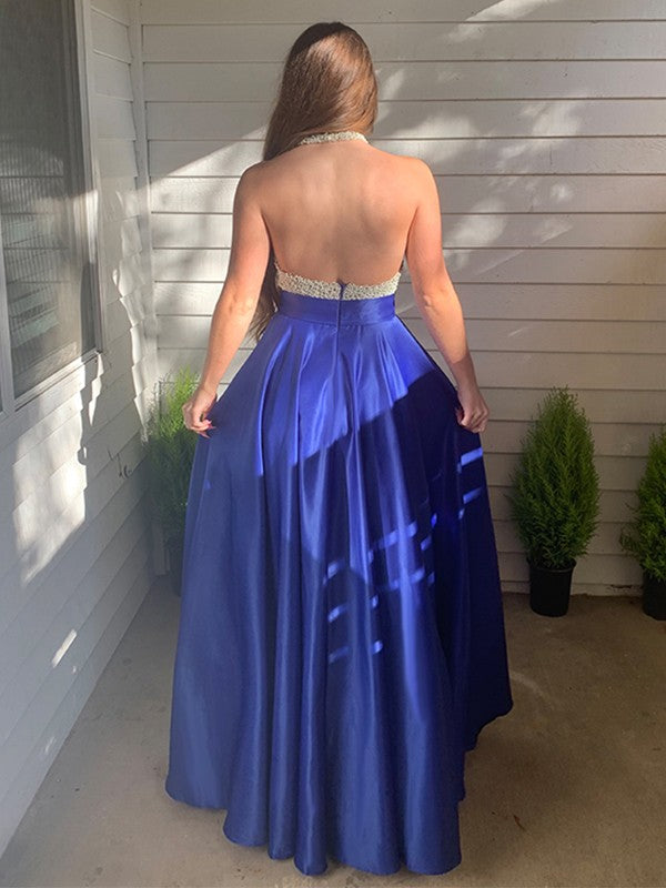 Vestidos de fiesta de satén con cristales y joyas, sin mangas y largos hasta el suelo