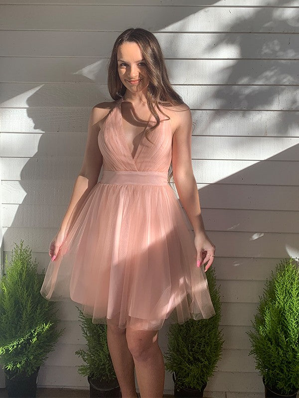 Blushing Pink Tulle A-Line Halter Neckline Short Dress
