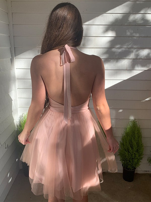 Blushing Pink Tulle A-Line Halter Neckline Short Dress
