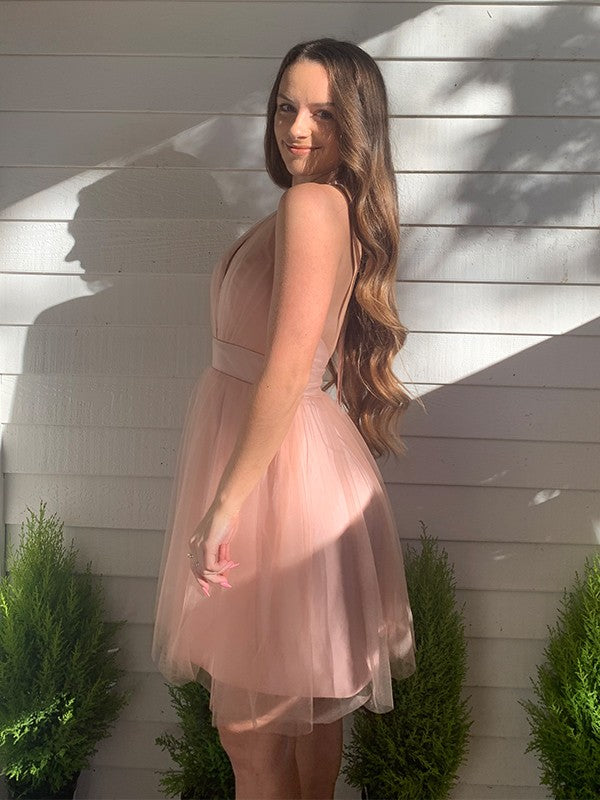 Blushing Pink Tulle A-Line Halter Neckline Short Dress