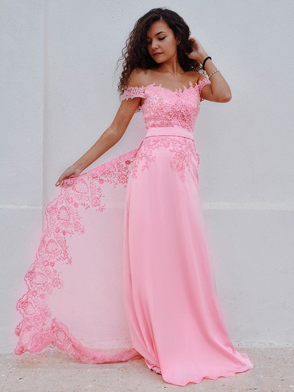 Vestidos de corte tubo/columna con hombros descubiertos, satén imitación seda, encaje, sin mangas y cola larga