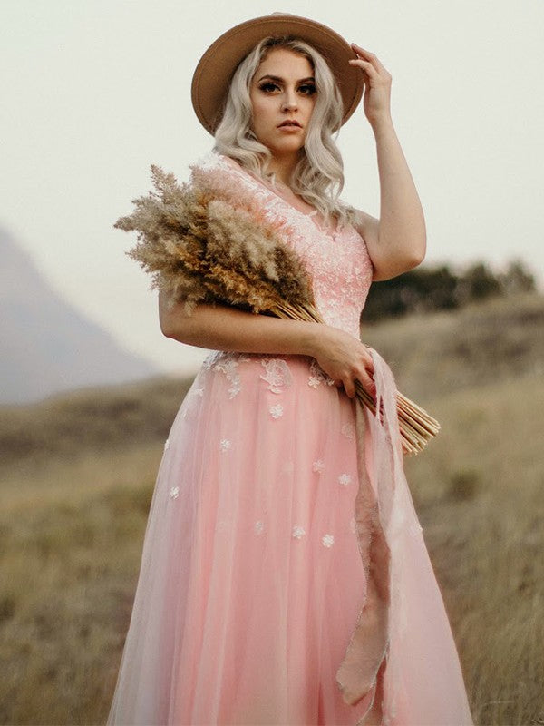 Vestidos de tul de corte A/princesa sin mangas con escote en forma de corazón y apliques hasta el suelo