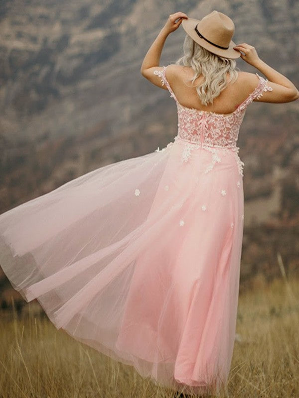 Vestidos de tul de corte A/princesa sin mangas con escote en forma de corazón y apliques hasta el suelo