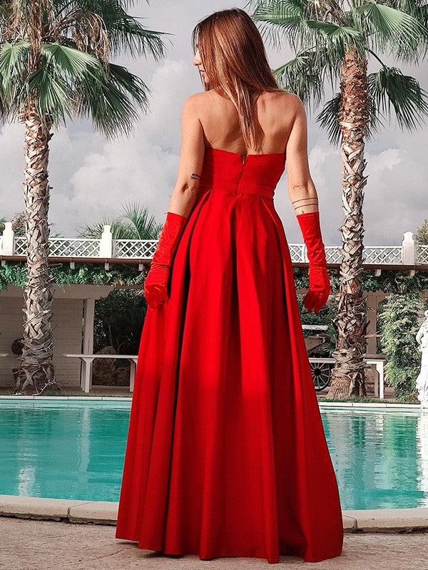 Vestidos de satén con volantes, corte princesa, escote corazón, sin mangas y largo hasta el suelo